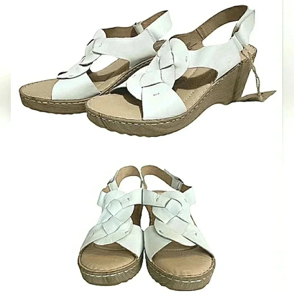 Casual Born Chunky Sandals White Leather Wedge Comfortable Adjustable New SZ 11